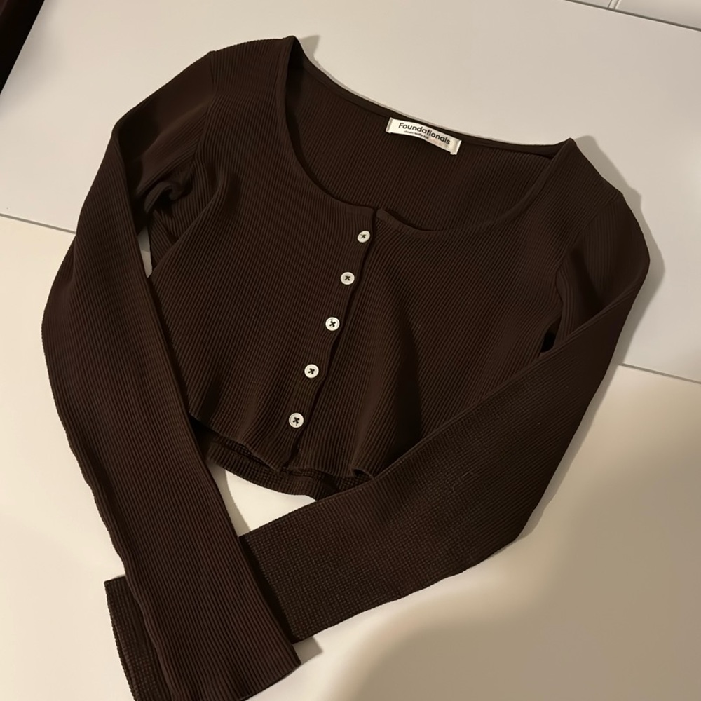 The foundationals brown waffle crop cardigan